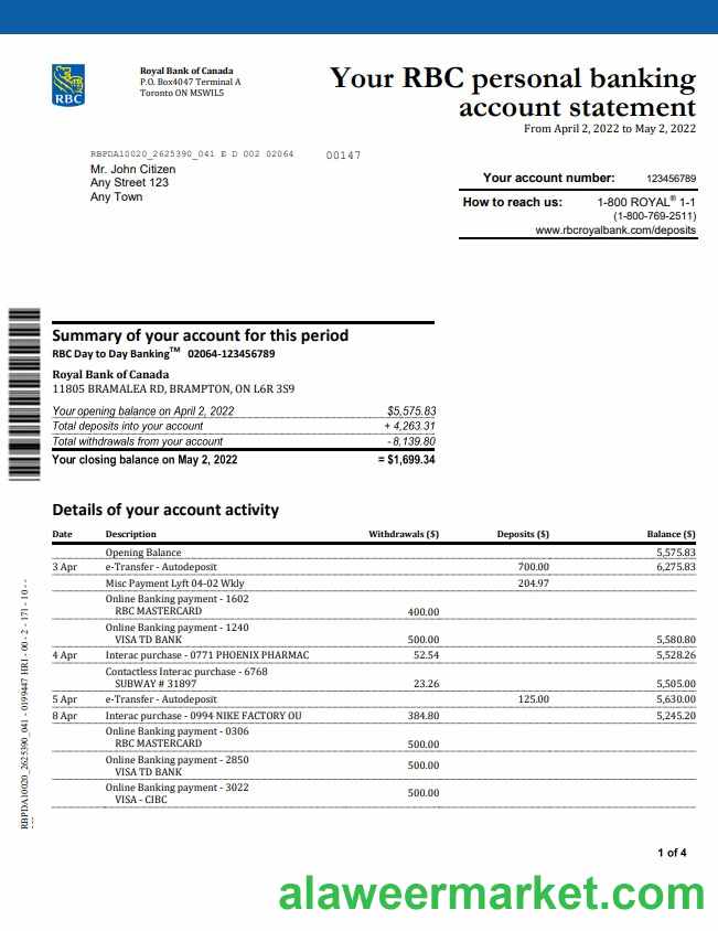 Canada Royal Bank of Canada (RBC) bank statement, Word and PDF template, 4 pages, version 2